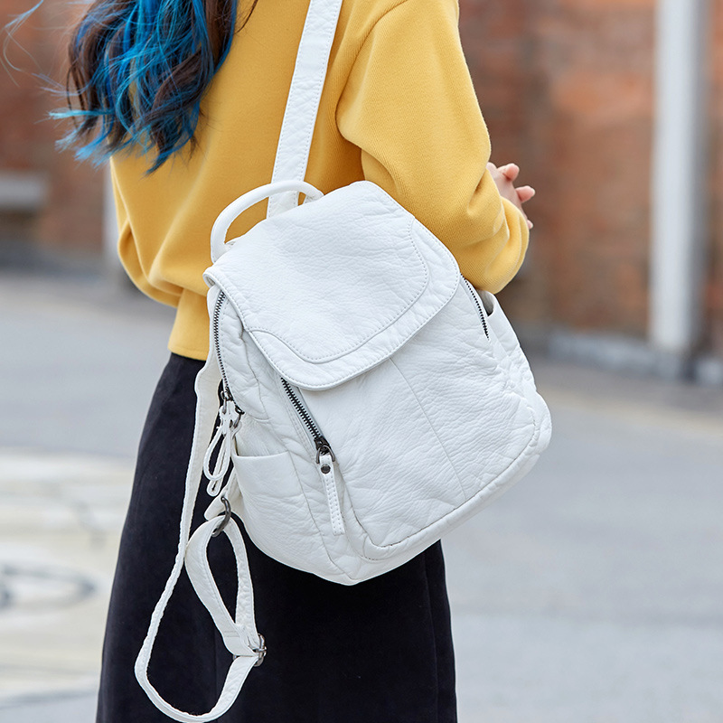 Leather Work Backpack - 여성용 배낭 화이트 워싱 가죽 배낭,